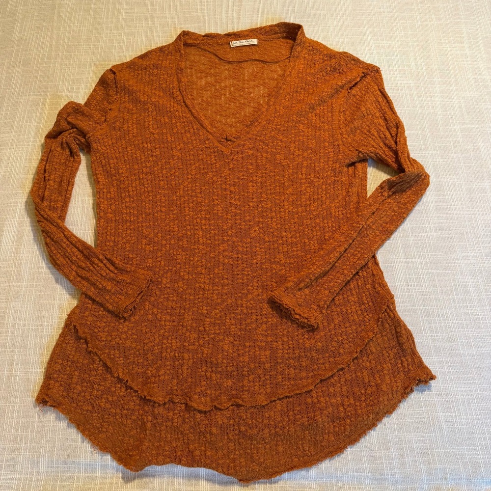 Free People We The Free Burnt Orange Waffle Knit Layered Hi-Low Top Medium